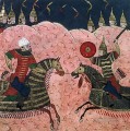 Escuela Mongol Persa Pintura Dos Guerreros Luchando Contra La Agresión Islam Religioso
